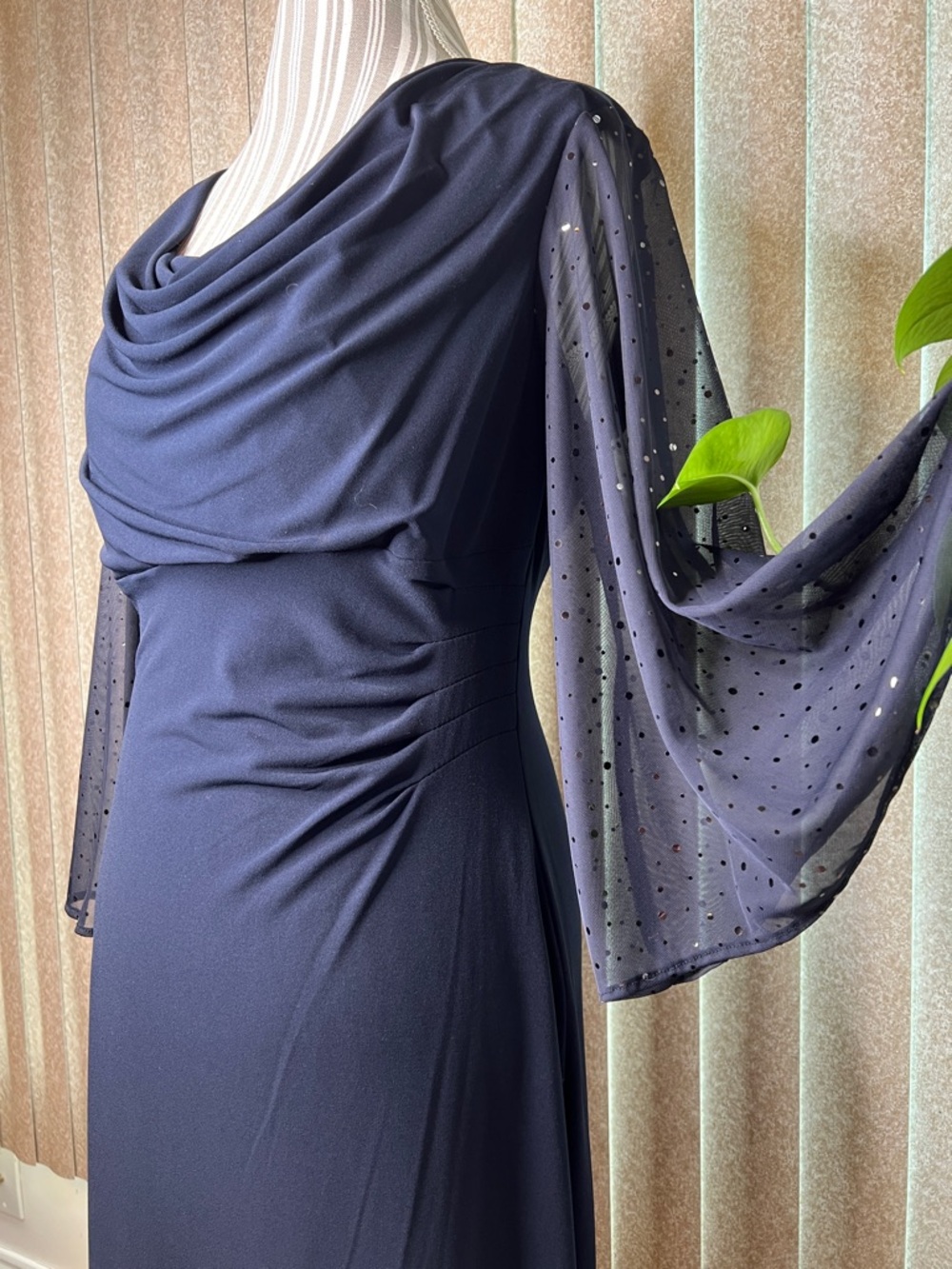 Connected Dress semi formal classic navy draping at neckline, waist, sleeves - Picture 4 of 12
